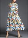 Women Dress Colorful Floral Print High Waist Pleated  Elegant Maxi Gown