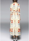 Women Flower Print Elegant Dress 3/4 Sleeve Vintage Midi Dress with Belt