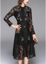 Women Elegant Lace Dress Tie Neck Long Sleeve Vintage Party Dress