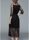 Lace Splice Half Sleeves Elastic Waist Button Party Midi Dress