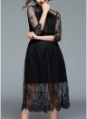 Lace Splice Half Sleeves Elastic Waist Button Party Midi Dress