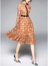 Women Dress Print Stand Collar Long Sleeve Ruffle Lace Dress