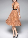 Women Dress Print Stand Collar Long Sleeve Ruffle Lace Dress