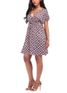 Plus Size Floral Plaids Dress Deep V Neck V Back Short Sleeves Elastic High Waist Dress