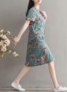 Women Dress Floral Print Round Neck Short Sleeve Cheongsle buckle Cotton Beach Casual Dress