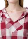 Vintage Plaid Hoodie Drawstring Pocket Split V Neck Long Sleeve Blouse
