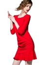 Mermaid Hem Splice O-Neck 3/4 Sleeves Elegant Bodycon OL Red Dress
