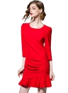 Mermaid Hem Splice O-Neck 3/4 Sleeves Elegant Bodycon OL Red Dress