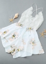 Nova moda mulheres Playsuit rendas de croché mergulho impressão Floral V pescoço macacão Casual sem mangas branco