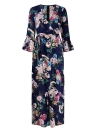 Women Dress Floral Print  Flare Sleeves High Split Belt Bohemian Maxi Dress