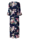 Women Dress Floral Print  Flare Sleeves High Split Belt Bohemian Maxi Dress