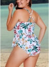 Women Plus Size One Piece Swimsuit Floral Print Ruffles  Hollow Out