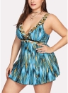 Mulheres Plus Size One Piece Swimsuit Swimdress High Cintura V Neck Print