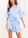 Mulheres Ruffles Striped Flare Cintura Strap Asymmetrical Mini Shirt Dress