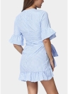 Mulheres Ruffles Striped Flare Cintura Strap Asymmetrical Mini Shirt Dress