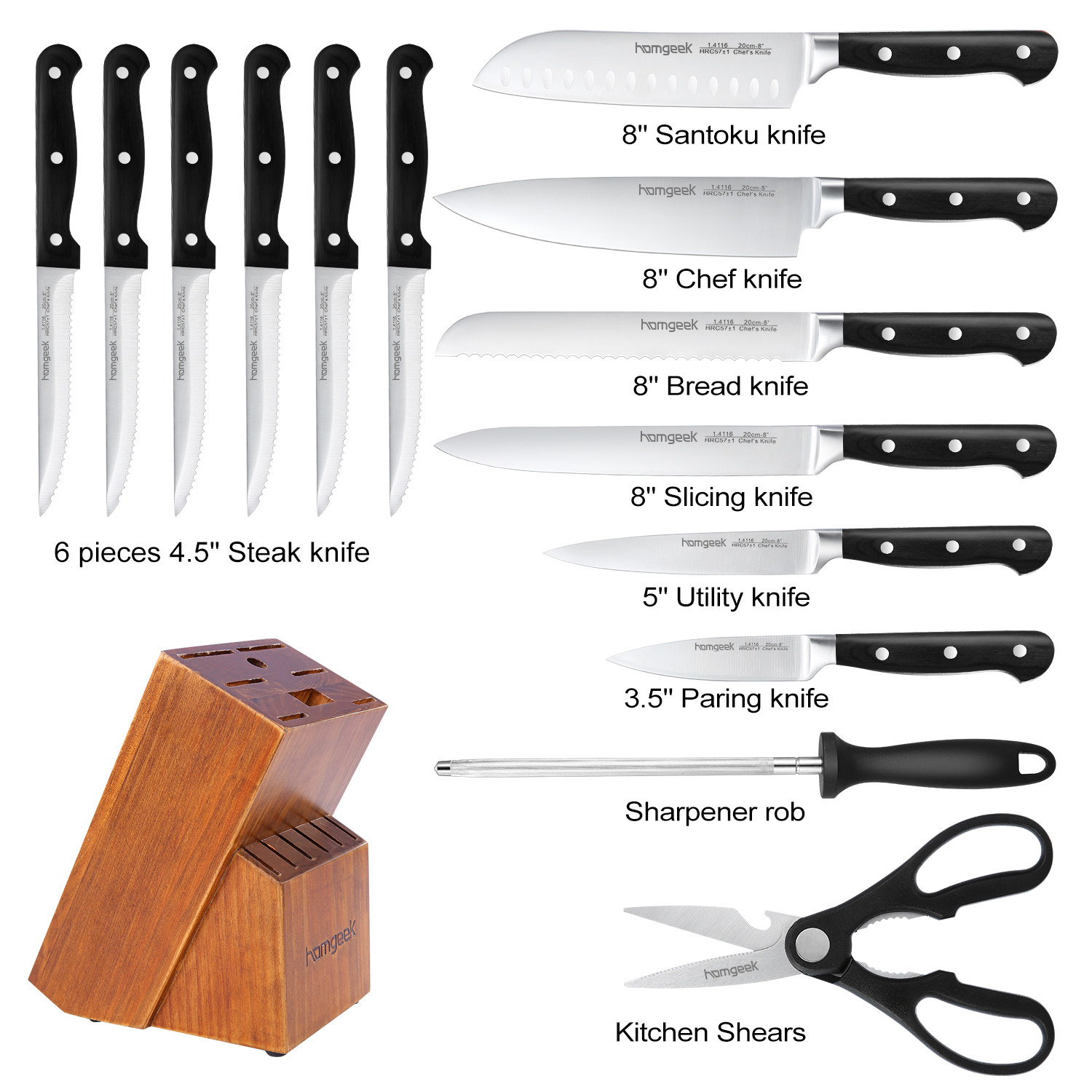 Homgeek Kitchen Knife Set 15pcs with Wooden Block