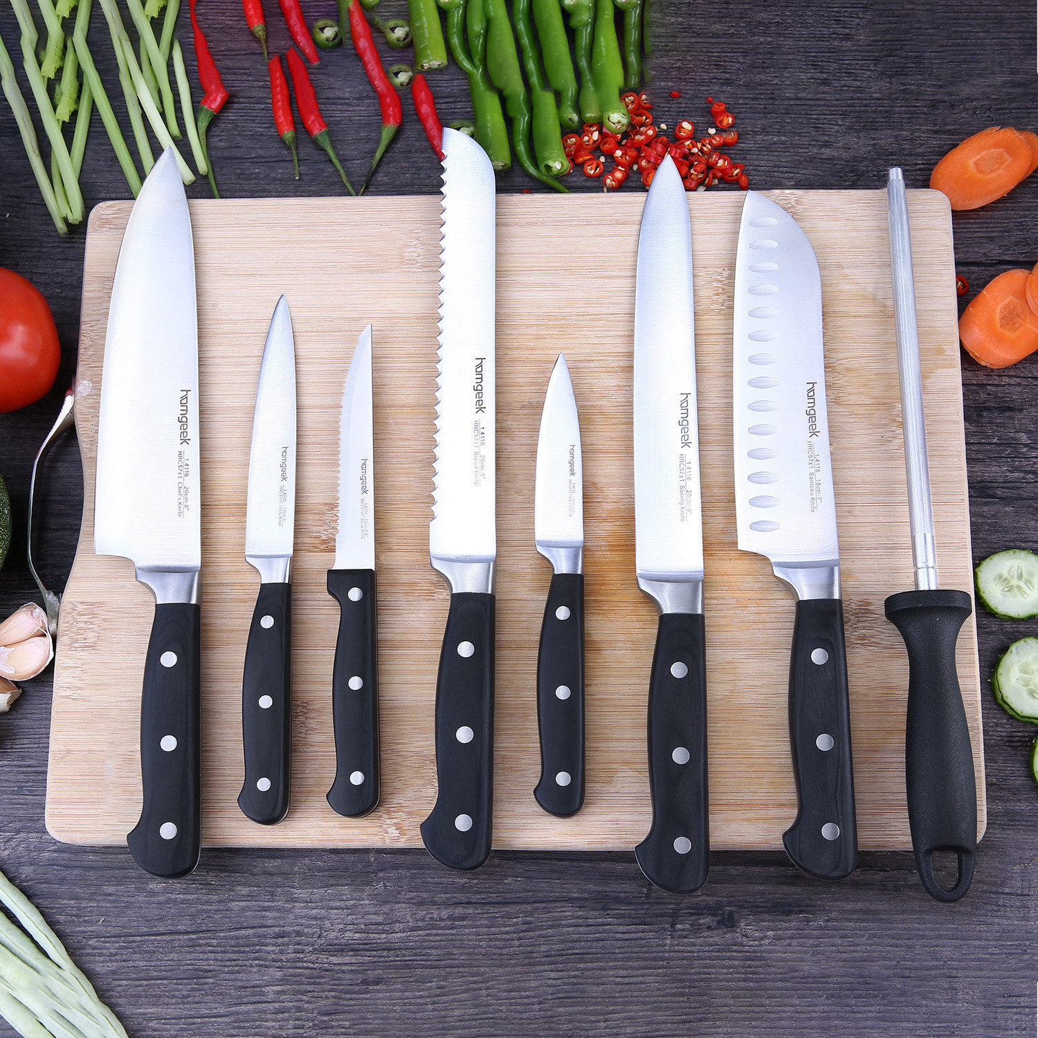 Homgeek Kitchen Knife Set 15pcs with Wooden Block