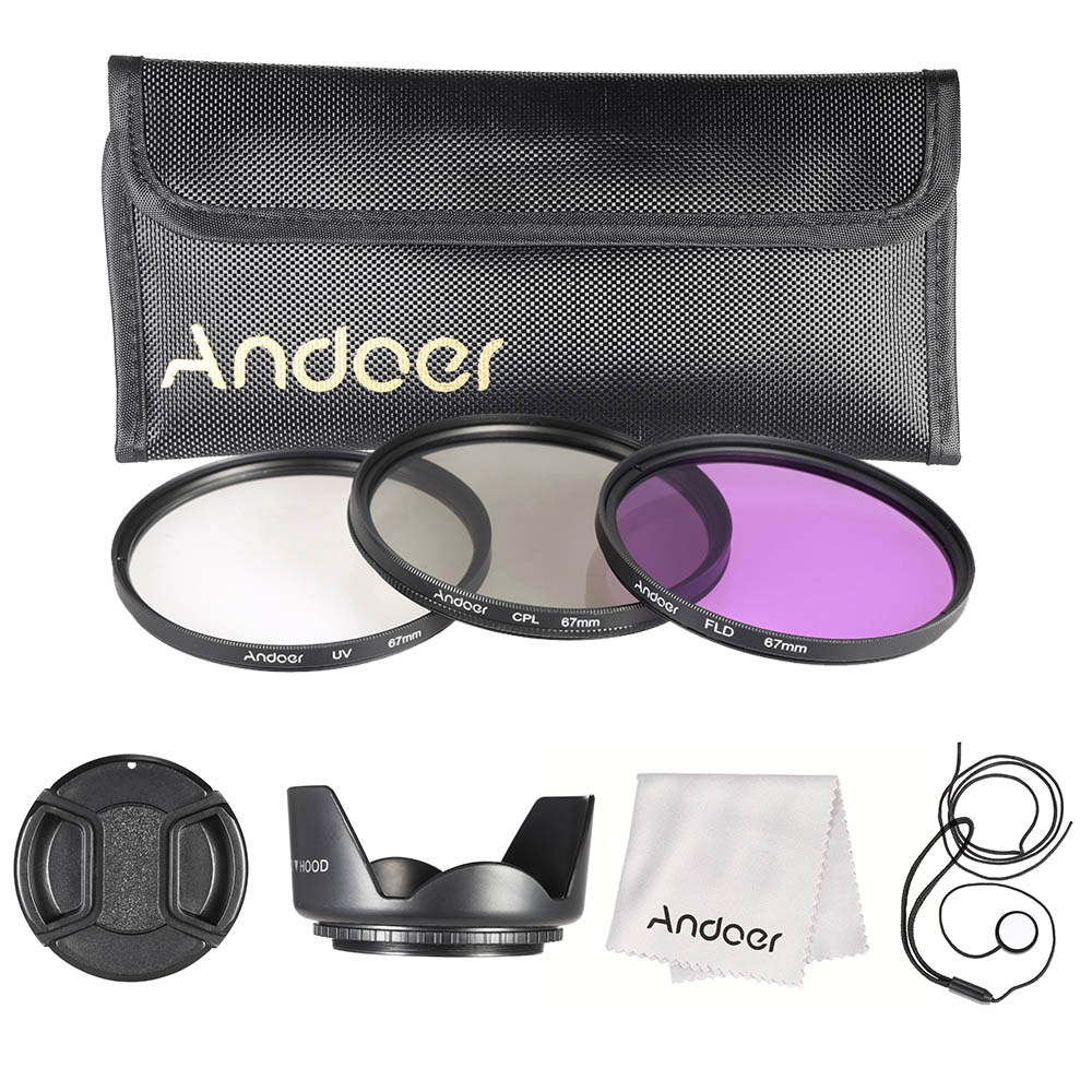 Andoer 67mm Filter Kit (UV+CPL+FLD) + Nylon Carry Pouch + Lens Cap