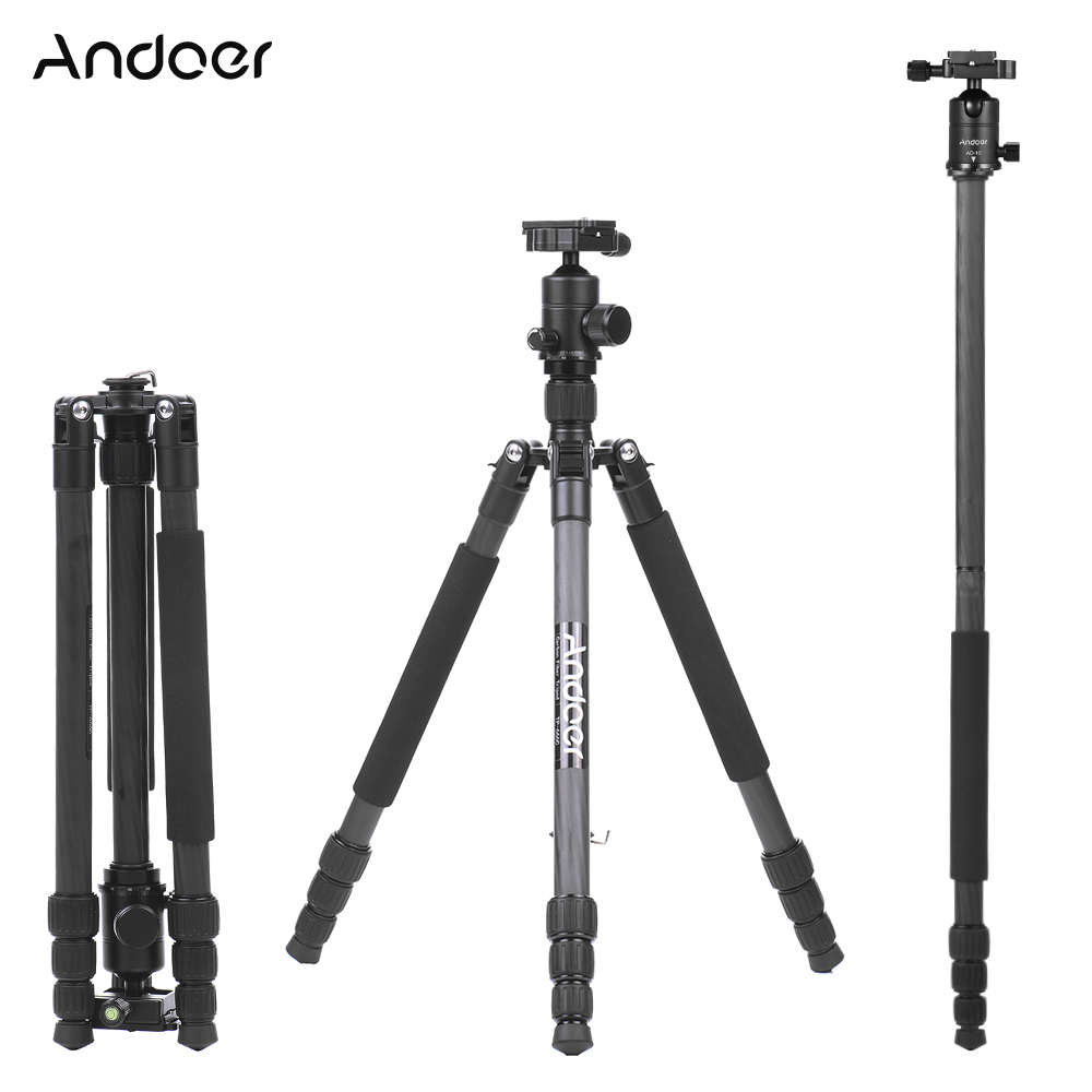 Andoer TP666C Professional Carbon Fiber Tripod Kit 4 Sections Camera