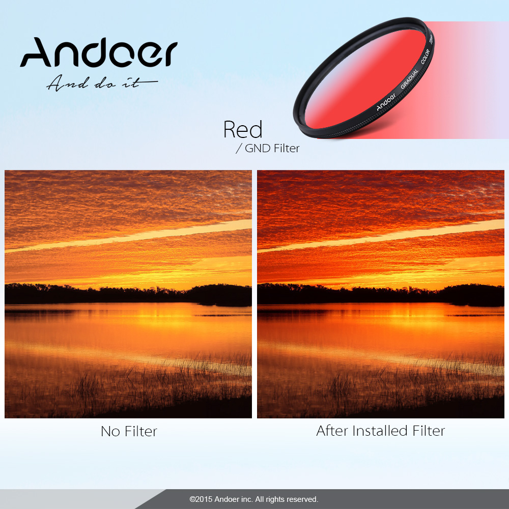 Andoer GND Graduated Red 52mm Filter Graduated Neutral Density Filter