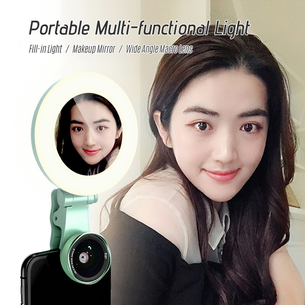 Andoer Rechargeable Selfie Ring Fillin Light Lamp Portable Phone Camera Lens with Makeup Mirror