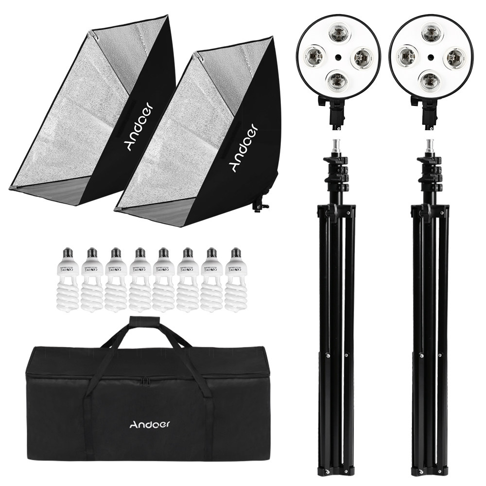 Andoer Studio Photo Lighting Kit with 2 * Softbox / 2 * 4in1 Bulb Socket / 8 * 45W Bulb / 2