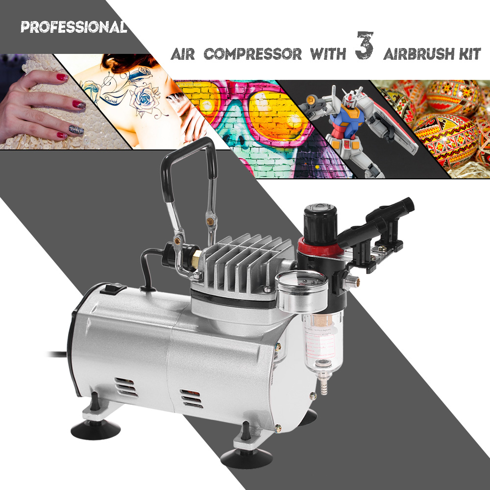 KKmoon Brand New Professional 3 Airbrush Kit With Air Compressor DualAction Hobby Spray Air