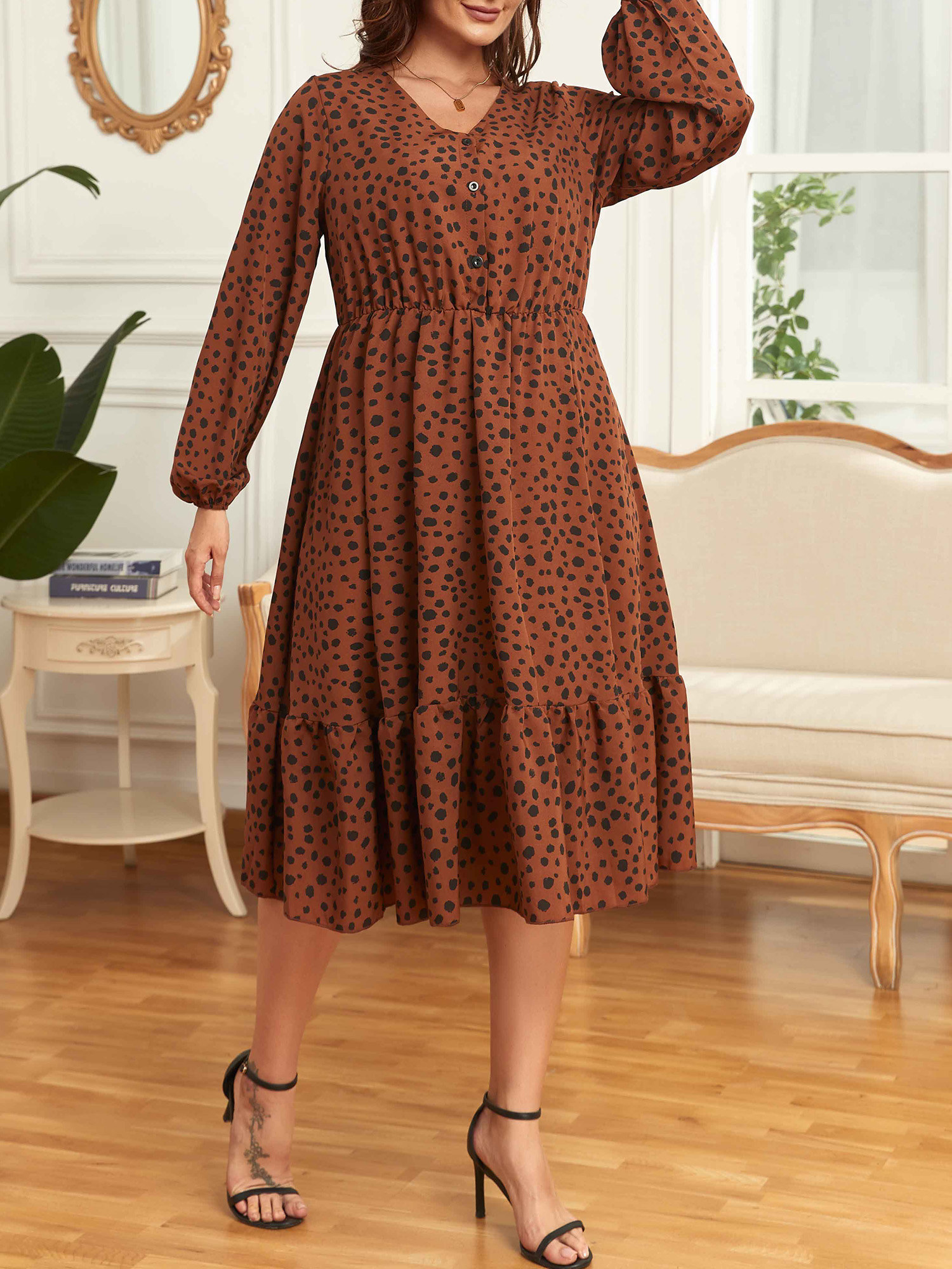 Women Plus Size Dress Long Sleeve V Neck Printed Casual Dress