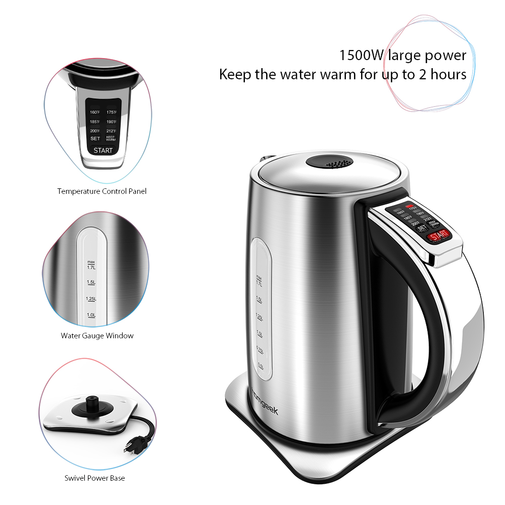 1.7L Stainless Steel Cordless Electric Kettle with Temperature Control