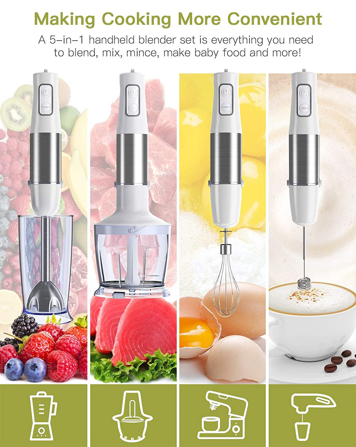 Homgeek Immersion Hand Blender, 500W 6Speeds 5in1 Stainless Steel