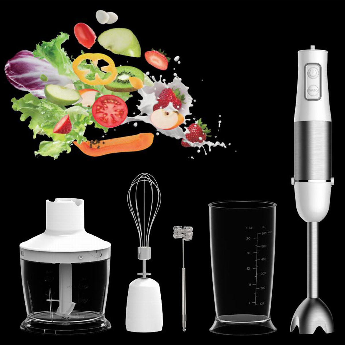 Homgeek Immersion Hand Blender, 500W 6Speeds 5in1 Stainless Steel