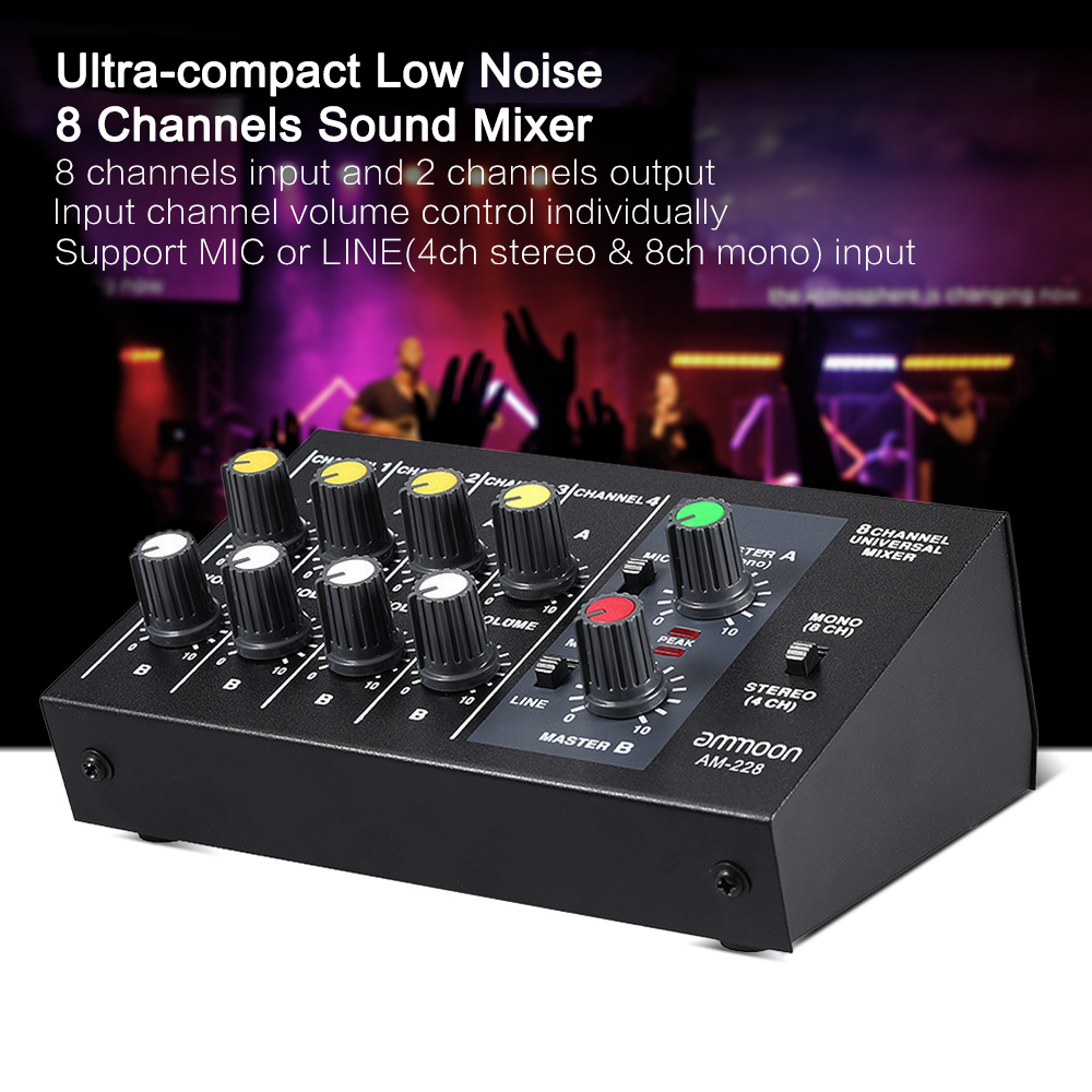 AM228 Low Noise 8 Channels Metal Mono Stereo Audio Sound Mixer with Power Adapter