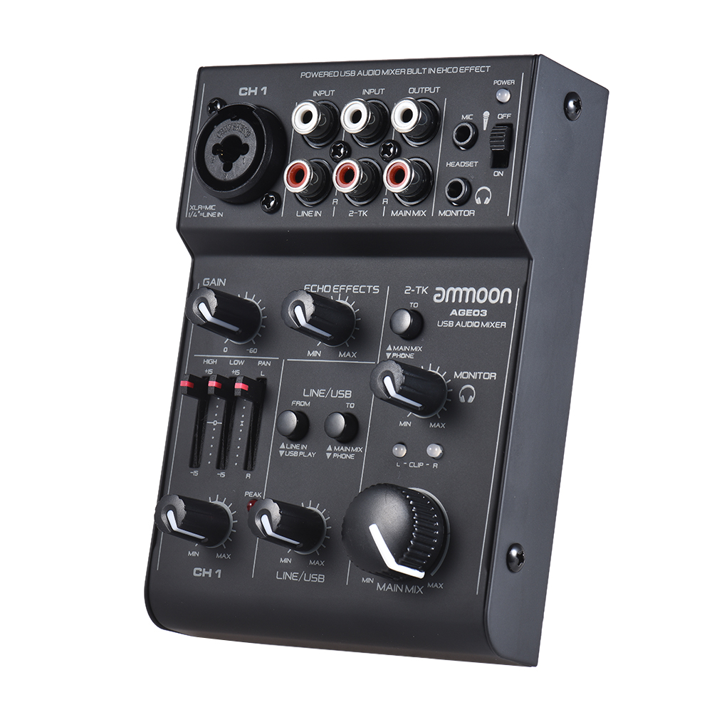 AGE03 5Channel Mini MicLine Mixing Console Mixer with USB Audio Interface Builtin Echo Effect