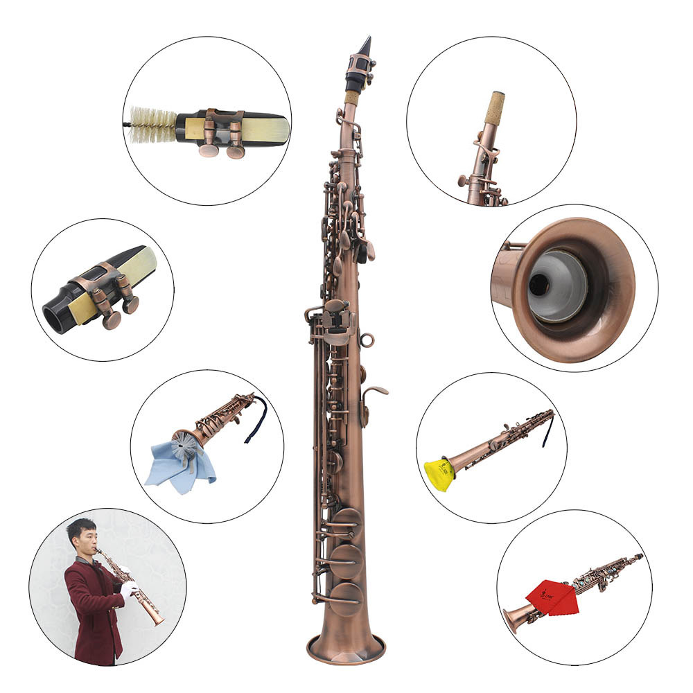 ammoon Red Bronze Straight Bb Soprano Saxophone Sax Woodwind Instrument