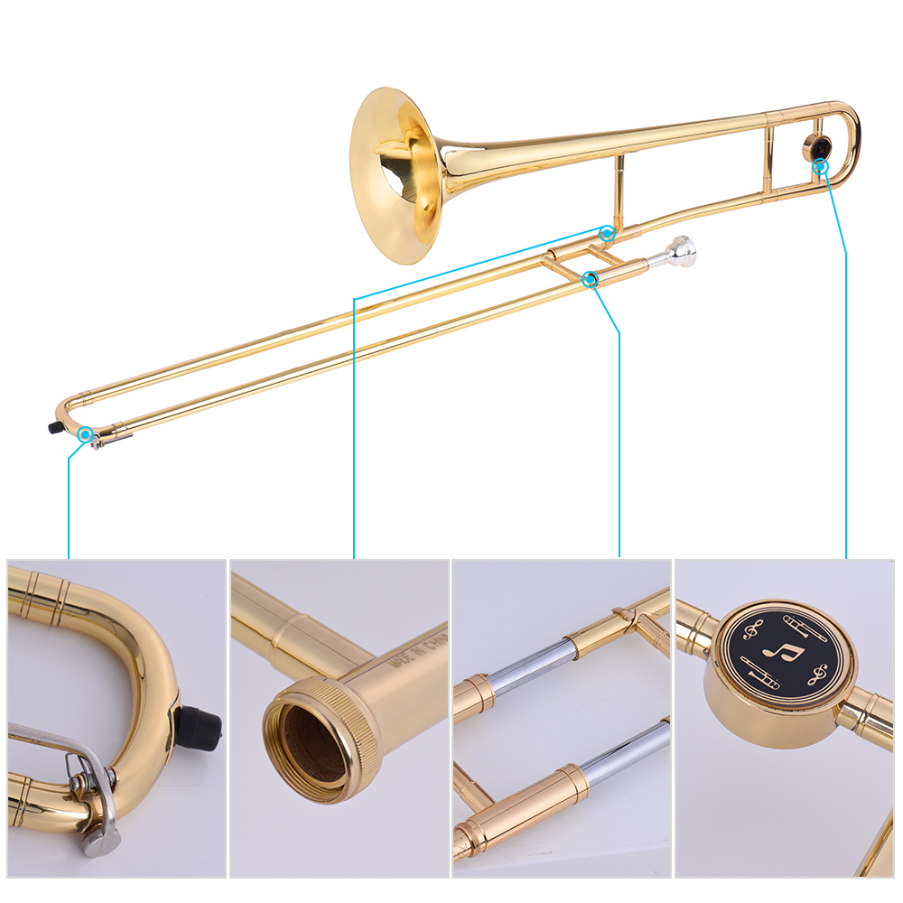 Tenor Trombone Brass Gold Lacquer Bb Tone B flat Wind Instrument with