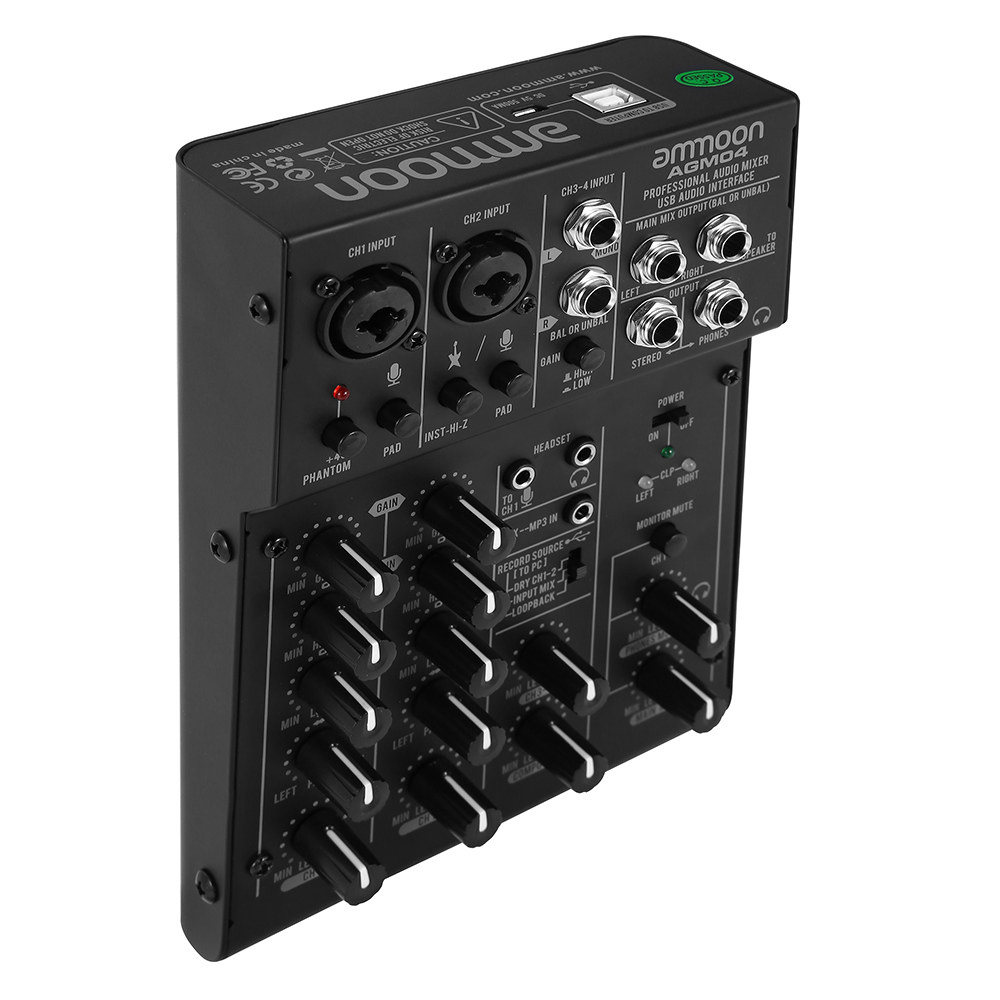 ammoon 4Channel Mini Mixing Console Digital Audio Mixer 2band EQ Builtin 48V Phantom Power 5V