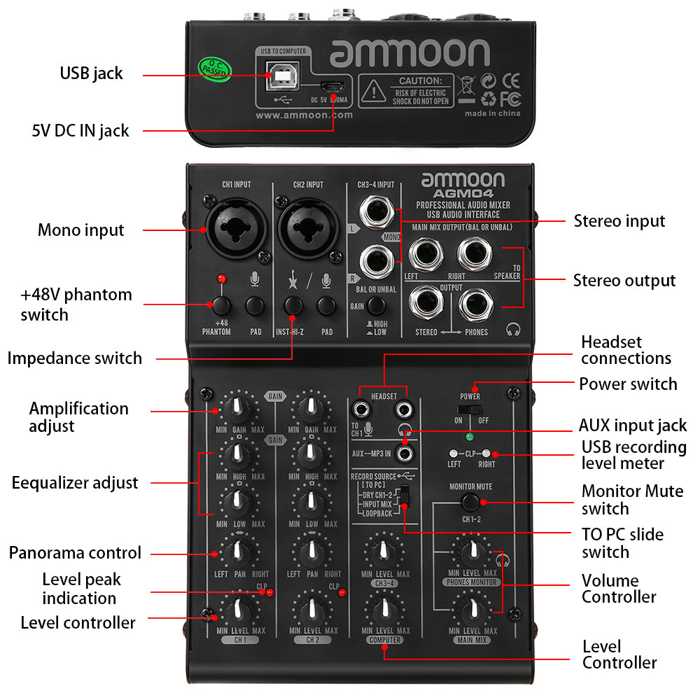 ammoon 4Channel Mini Mixing Console Digital Audio Mixer 2band EQ