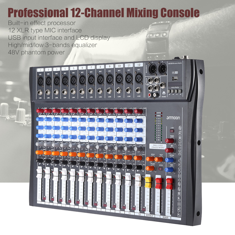 ammoon 120SUSB 12 Channels Mic Line Audio Mixer Mixing Console USB XLR Input 3band EQ 48V