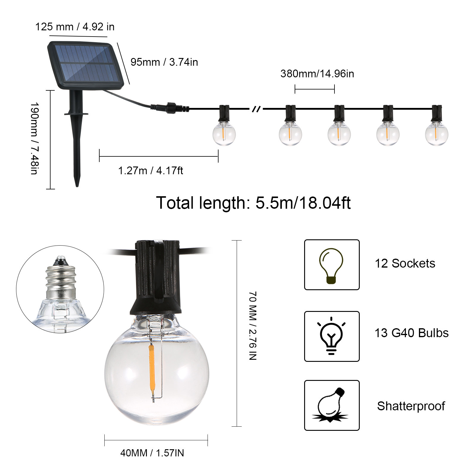 Tomshine Solar Powered Outdoor String Lights Warm White LEDs 18.04FT