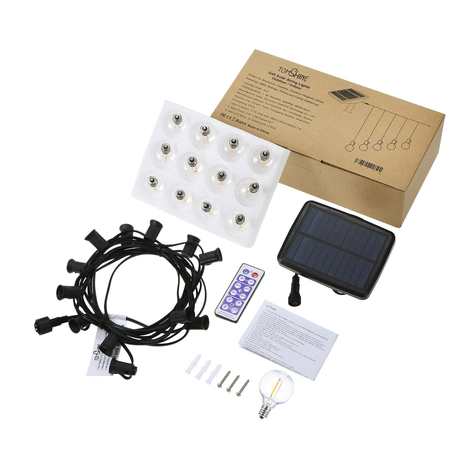 Tomshine Solar Powered Outdoor String Lights Warm White LEDs 18.04FT