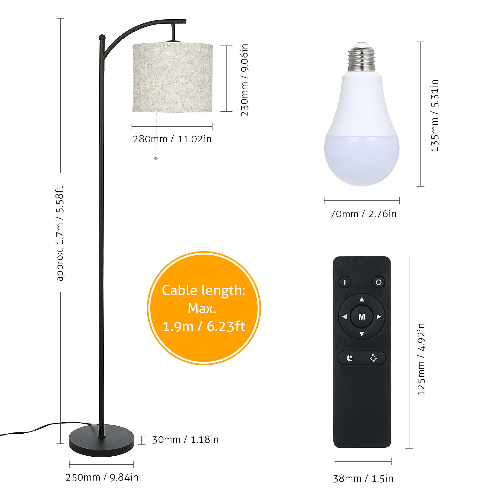 Tomshine Arc Floor Lamp Remote Control & Pulling Switch 9W Dimmable