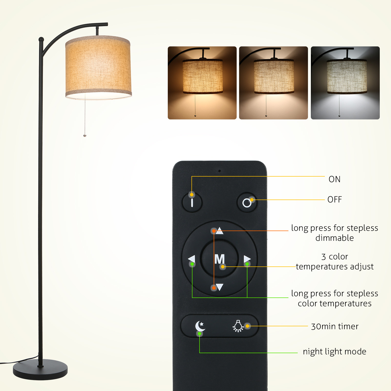 Tomshine Arc Floor Lamp Remote Control & Pulling Switch 9W Dimmable