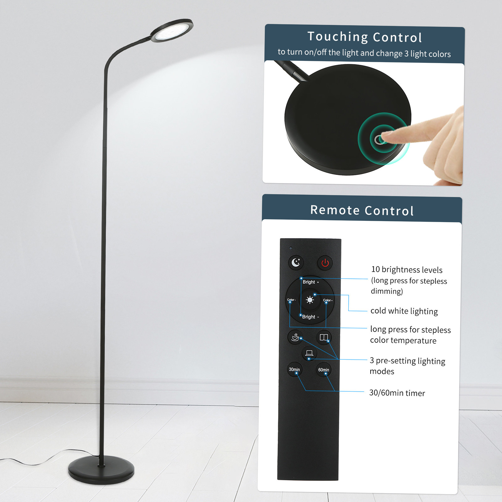 Tomshine 15W Bright LEDs Floor Lamp Modern Standing Light with Remote