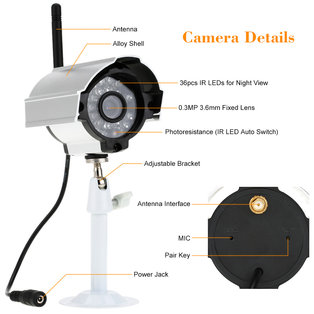 KKmoon 2.4GHz Wireless 4CH DVR Kit 7" TFT Motion Detection IR Night