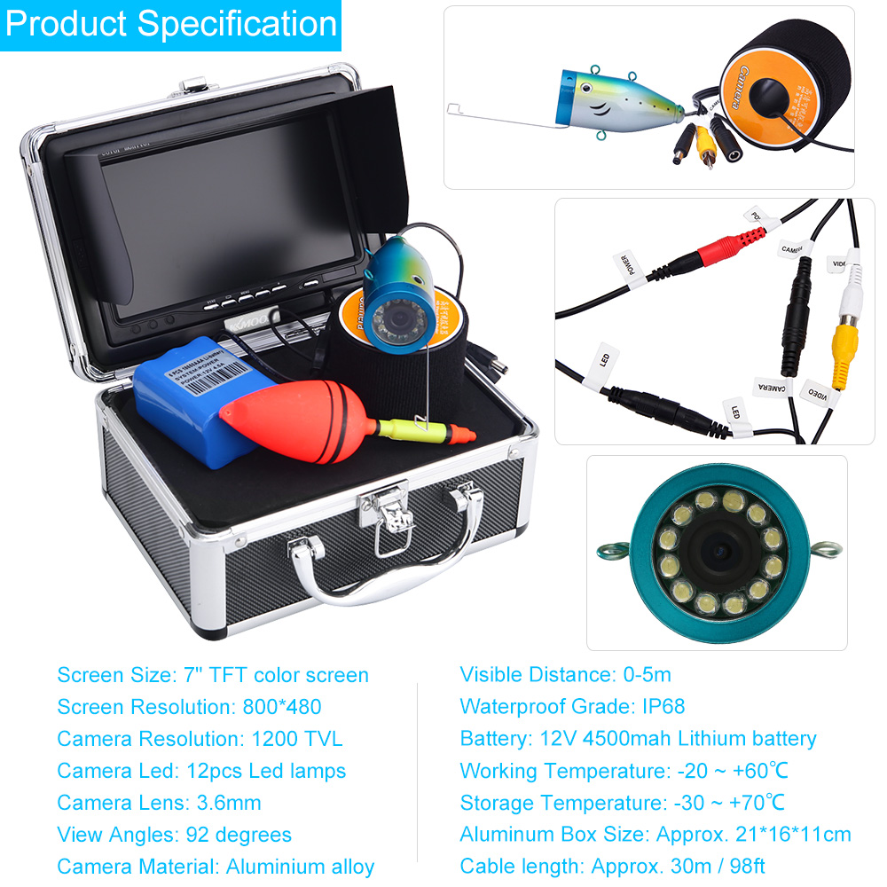 KKmoon® 30M Underwater Fish Finder HD 1200TVL Camera for Ice/Sea/River Fishing with 7in LCD Monitor