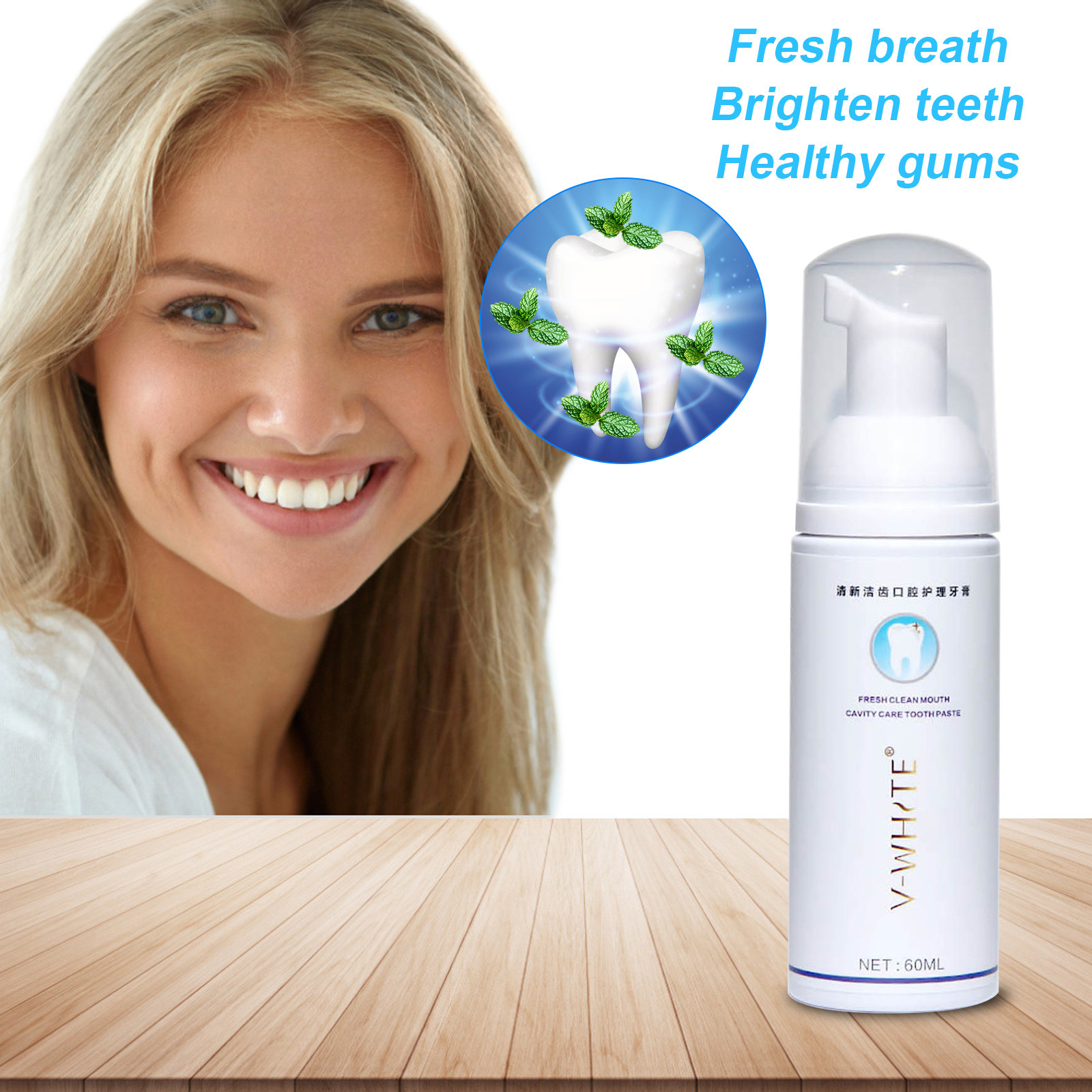 VWHITE Toothpaste Foam 60ml Deep Cleaning Teeth Whitening Toothpaste Liquid Natural Mouth Wash
