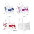 6 * 6 inches Double Heart Satin Ring Bearer Pillow and Wedding Flower Girl Basket Set with Rhinestone Ribbon Decoration White
