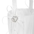 6 * 6 inches Double Heart Satin Ring Bearer Pillow and Wedding Flower Girl Basket Set with Rhinestone Ribbon Decoration White