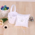 6 * 6 inches Double Heart Satin Ring Bearer Pillow and Wedding Flower Girl Basket Set with Rhinestone Ribbon Decoration White