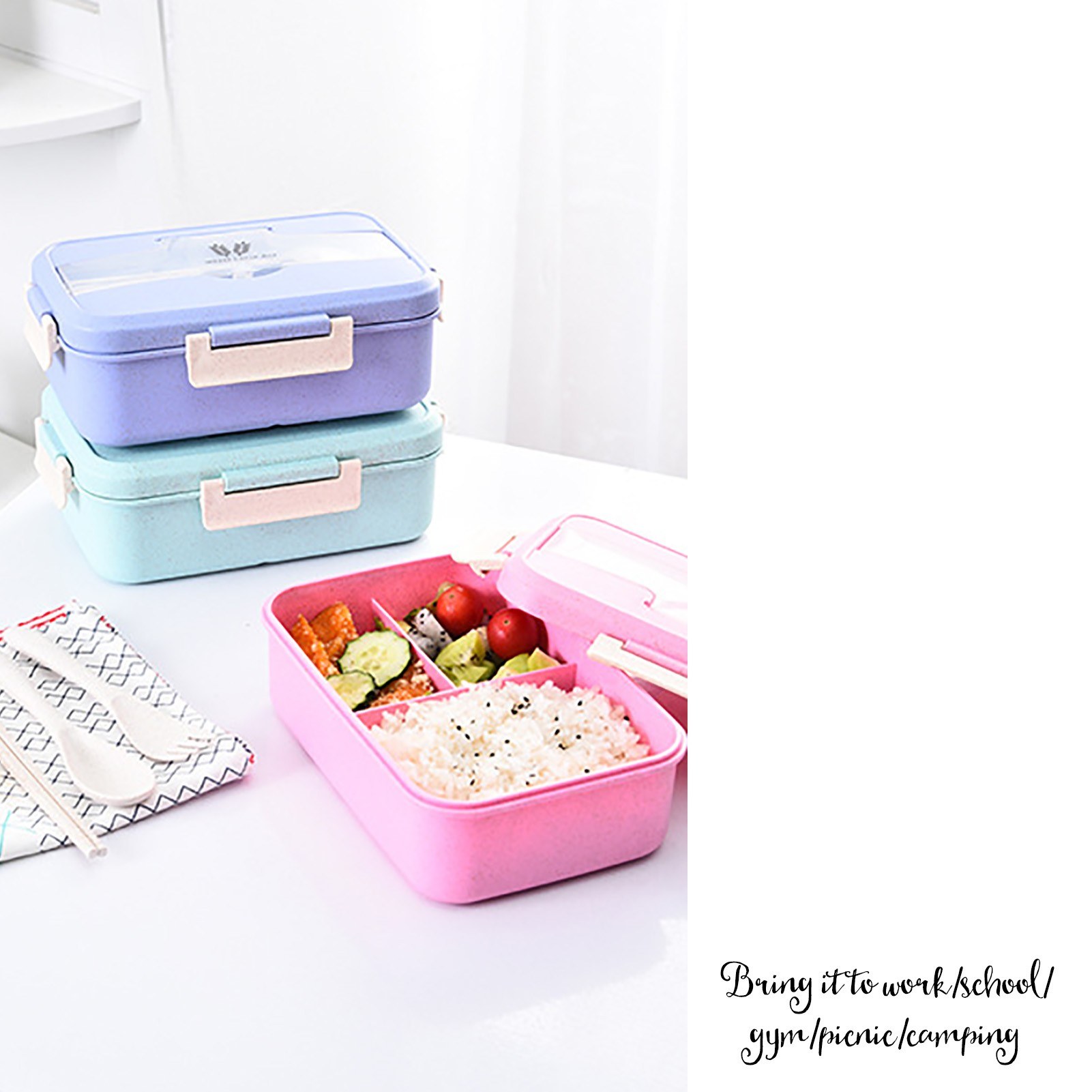 3 Pcs Wheat Straw Lunch Box Set 3 Compartments Food Meal Containers With Stainless Steel Wheat Straw Spoon Fork Chopsticks Kit Optional Leak Proof Bpa Free Microwave Safe For Adults Kids Work Office